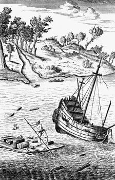 Robinson Crusoe Saving His Goods out of the wreck of the Ship c1719