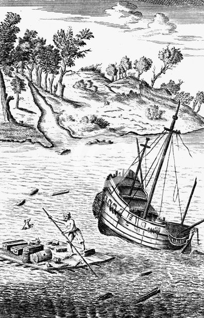 'Robinson Crusoe Saving His Goods out of the wreck of the Ship', c1719. Artist: Unknown