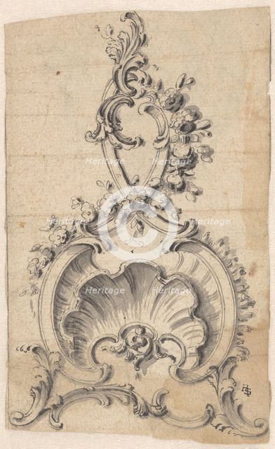 Rocaille-boning with a shell, volutes and flowers, c.1750. Creator: Anon.