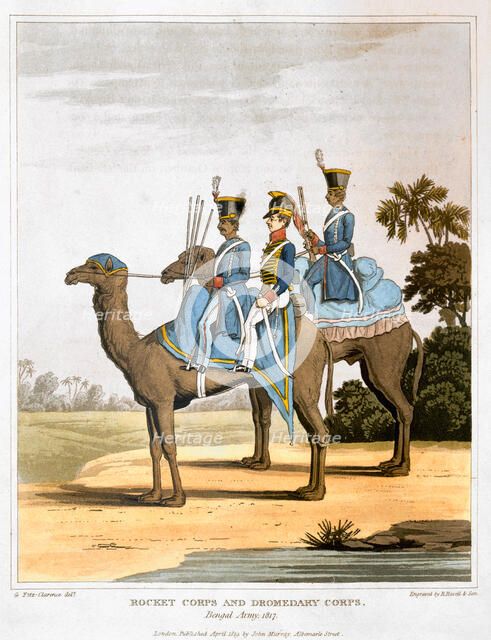 'Rocket Corps and Dromedary Corps, Bengal Army 1817' (1819). Artist: Havell & Son