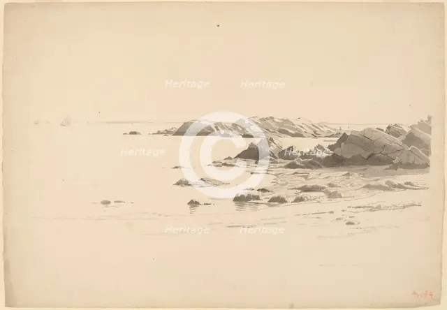 Rocklined Beach with Distant Boats, probably 1860/1869. Creator: William Stanley Haseltine.