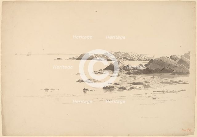 Rocklined Beach with Distant Boats, probably 1860/1869. Creator: William Stanley Haseltine.