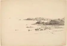 Rocklined Beach with Distant Boats, probably 1860/1869. Creator: William Stanley Haseltine