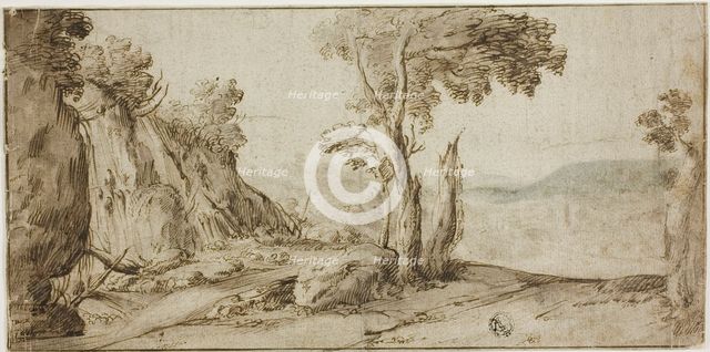 Rocks and Trees on Edge of Hill, 1625/1655. Creator: Lodewijk de Vadder.