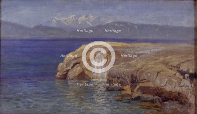 Rocky coast with waterfalls on Euboa, 1893. Creator: Thorvald Niss.