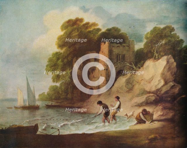 ''Rocky Coastal Scene with Ruined Castle, Boats and Fishermen', 1780-1781 (1946). Artist: Thomas Gainsborough.