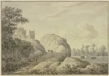 Rocky bank of a river, a chapel in the upper left.. Creator: Hendrik Tavenier