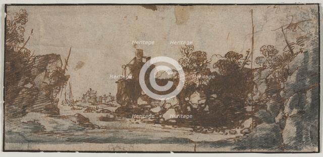 Rocky Inlet with Boats and Buildings (recto); Sketches of Castles (verso), 1600s. Creator: Unknown.