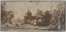 Rocky Inlet with Boats and Buildings (recto); Sketches of Castles (verso), 1600s. Creator: Unknown