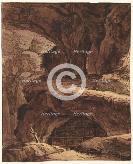 Rocky Landscape with a Cave Chapel, 19th century. Creator: Johann Martin von Rohoden (Flemish, 1778-1868), attributed to.