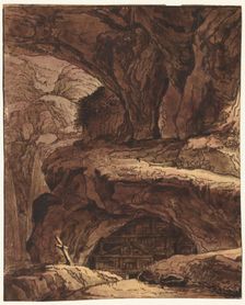 Rocky Landscape with a Cave Chapel, 19th century. Creator: Johann Martin von Rohoden (Flemish, 1778-1868), attributed to