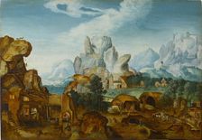 Rocky Landscape with a Forge (The Flight into Egypt) , before 1550. Creator: Herri met de Bles, Henri de (1510-1550)