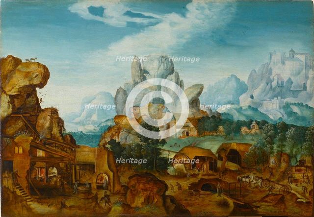 Rocky Landscape with a Forge (The Flight into Egypt) , before 1550. Creator: Herri met de Bles, Henri de (1510-1550).