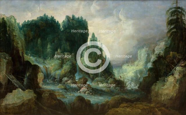 Rocky Landscape with a River and a Waterfall, 1612-1626. Creator: Monogrammist I. V. D. S..