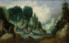 Rocky Landscape with a River and a Waterfall, 1612-1626. Creator: Monogrammist I. V. D. S.