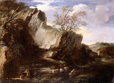 Rocky landscape with herdsmen and cattle 1625-1673. Creator: Salvator Rosa