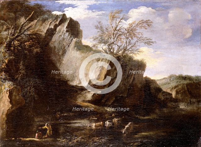 'Rocky landscape with herdsmen and cattle', 1625-1673. Creator: Salvator Rosa.