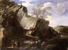 Rocky landscape with herdsmen and cattle 1625-1673. Artist: Salvator Rosa