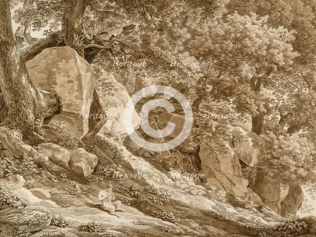 Rocky Landscape with Pan Playing His Flute (In the Park of the Villa Chigi, Ariccia), 1808. Creator: Johann Christian Reinhart.