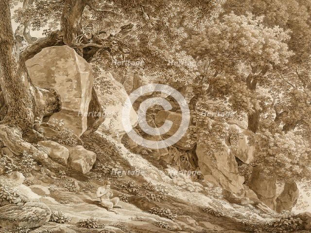 Rocky Landscape with Pan Playing His Flute (In the Park of the Villa Chigi, Ariccia), 1808. Creator: Johann Christian Reinhart.