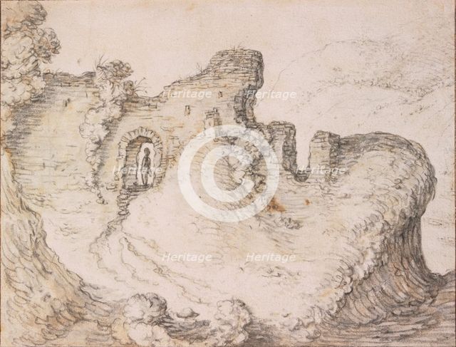Rocky landscape with ruins, forming the profile of a man's face, c. 1650. Artist: Saftleven, Herman (1609-1685)