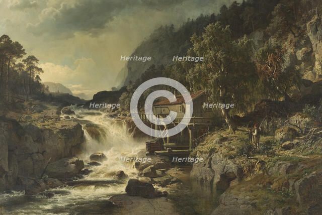 Rocky Landscape with Waterfall and Watermill, Småland, 1862. Creator: Johan Edvard Bergh.