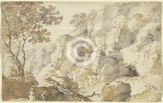 Rocky landscape with trees, a waterfall, and two hikers..., late 18th century. Creator: Franz Kobell.
