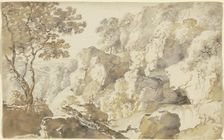 Rocky landscape with trees, a waterfall, and two hikers..., late 18th century. Creator: Franz Kobell