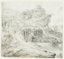 Rocky Promontory with Ruins and Cascades (recto); Sketch of Cliff with Buildings (verso), n.d. Creator: G E Petit
