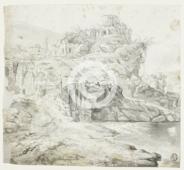 Rocky Promontory with Ruins and Cascades (recto); Sketch of Cliff with Buildings (verso), n.d. Creator: G E Petit.