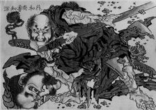 Rochishin Chopping Off the Head of Nio, 18th-19th century. Creator: School of Katsushika Hokusai