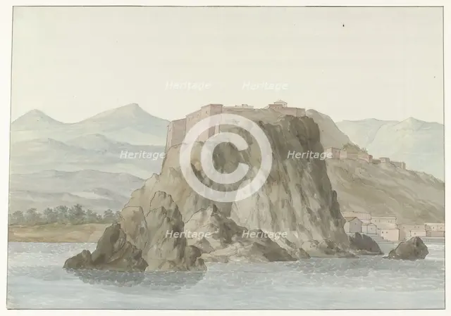 Rock and town of Scilla in the Calabria region from the sea on the north, 1778. Creator: Louis Ducros.