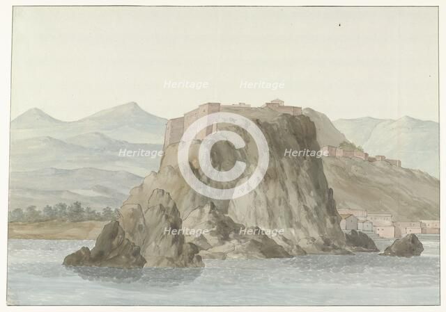 Rock and town of Scilla in the Calabria region from the sea on the north, 1778. Creator: Louis Ducros.