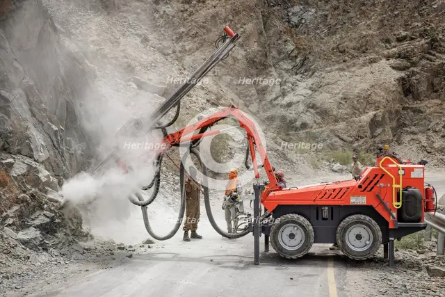 Rock blasting, road works, Nubra Valley, Ladakh, India, 2023. Creator: Peter Thompson.