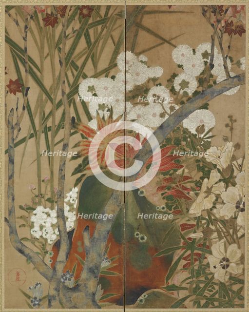 Rock, saplings and autumn flowers, Edo period, 18th century. Creator: Unknown.