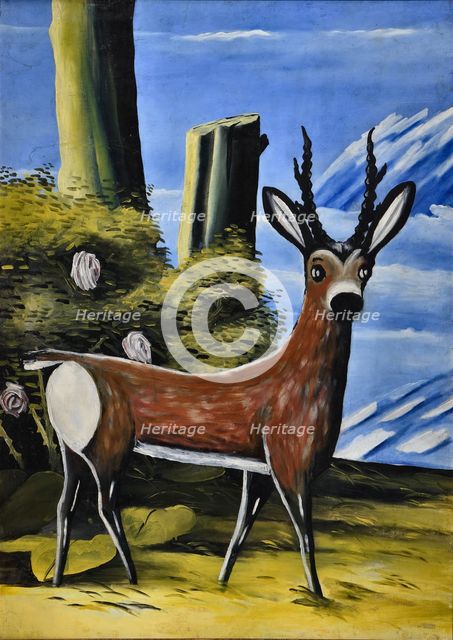 Roe Deer and Landscape, 1913. Creator: Pirosmani, Niko (1862-1918).