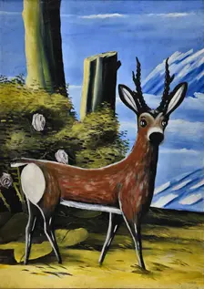 Roe Deer and Landscape, 1913. Creator: Pirosmani, Niko (1862-1918)