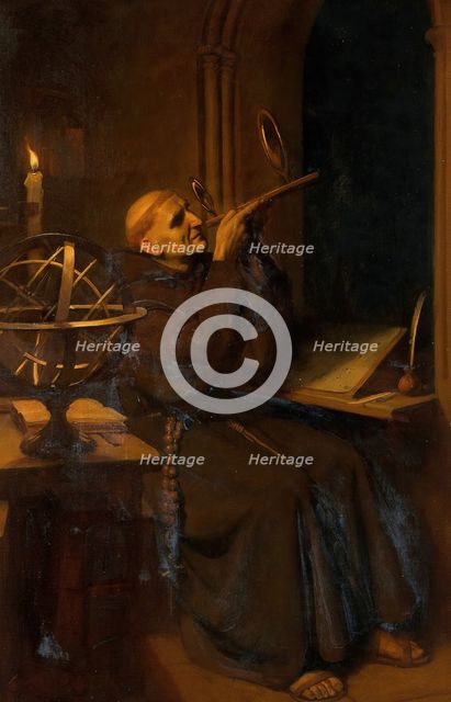 Roger Bacon in his observatory at Merton College, Oxford, c1260s, c1912 Creator: Ernest Board.