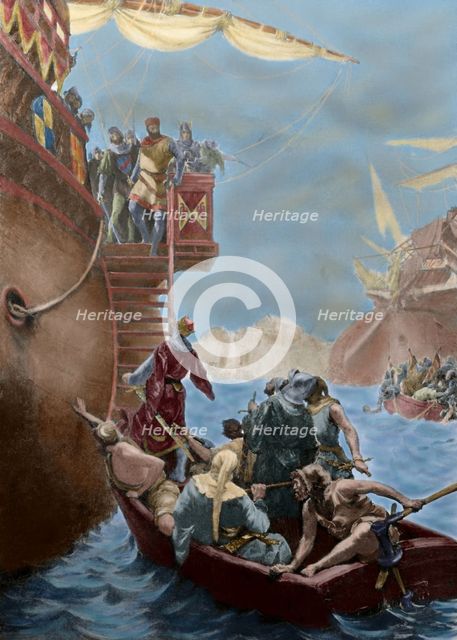 Roger of Lauria receives the son of Charles of Anjou as a prisoner, (19th century).  Creator: Unknown.