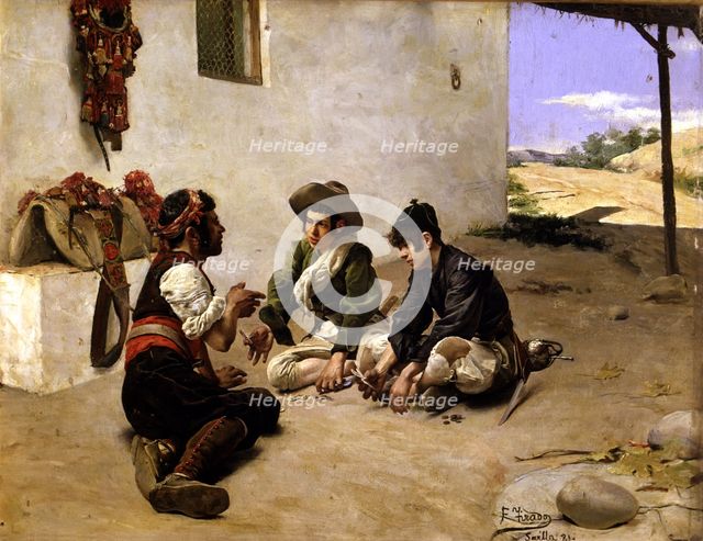  'Rogues playing cards with a muleteer', work by Fernando Tirado (1862-1907).