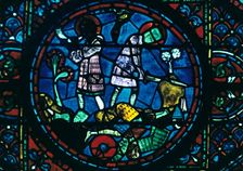Roland breaks his sword and sounds his horn, stained glass, Chartres Cathedral, France, 1194-1260
