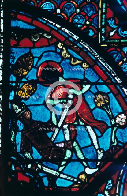 Roland pierces the giant Ferragut in the navel, stained glass, Chartres Cathedral, 1194-1260. Artist: Unknown