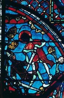 Roland pierces the giant Ferragut in the navel, stained glass, Chartres Cathedral, 1194-1260