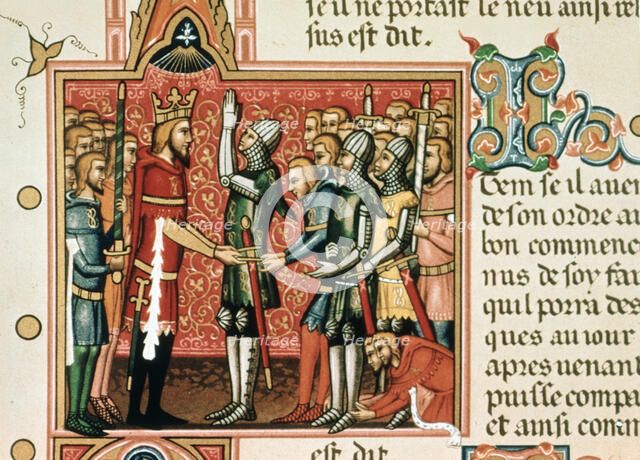 Roldan promising loyalty to Charlemagne, miniature in a page of the manuscript of the 14th centur…