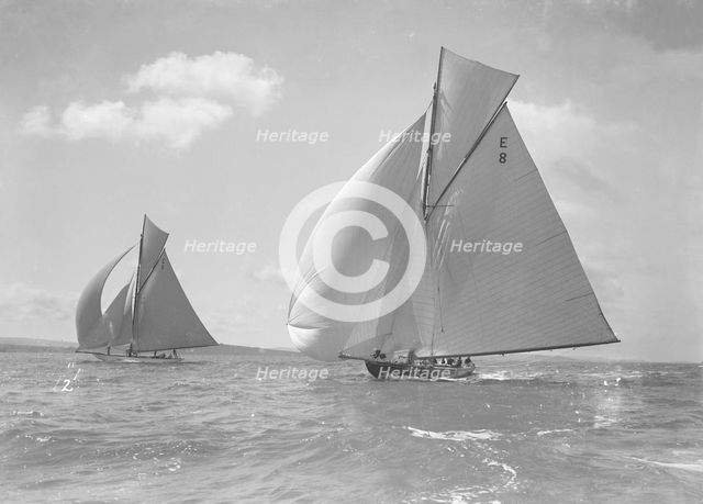 'Rollo' (foreground) and 'Javotto' racing under spinnaker, 1911. Creator: Kirk & Sons of Cowes.