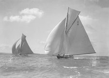 Rollo (foreground) and Javotto racing under spinnaker, 1911. Creator: Kirk & Sons of Cowes
