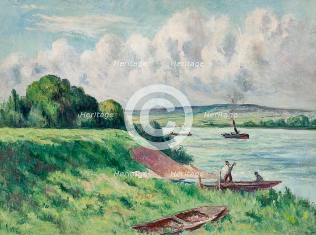 Rolleboise, barques et remorqueur sur le fleuve, 1919. Creator: Luce, Maximilien (1858-1941).