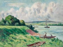 Rolleboise, barques et remorqueur sur le fleuve, 1919. Creator: Luce, Maximilien (1858-1941)