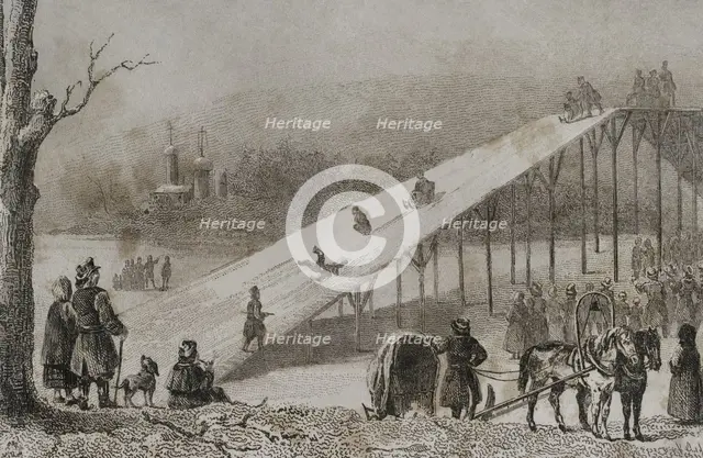 Roller coaster - ice slides, Russia, 1839. Creator: Augustin François Lemaitre.