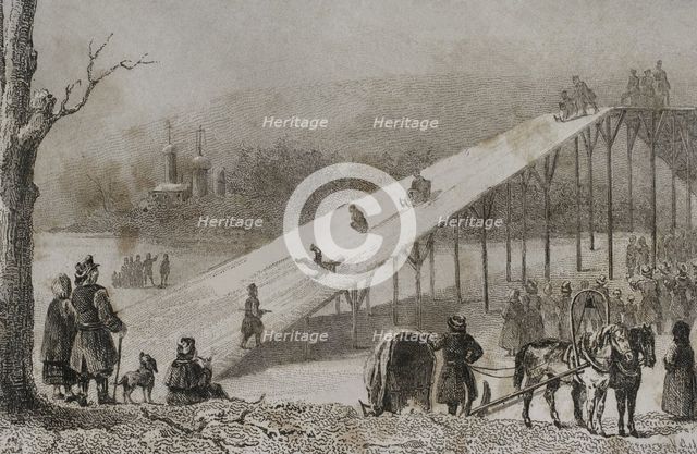 Roller coaster - ice slides, Russia, 1839. Creator: Augustin François Lemaitre.